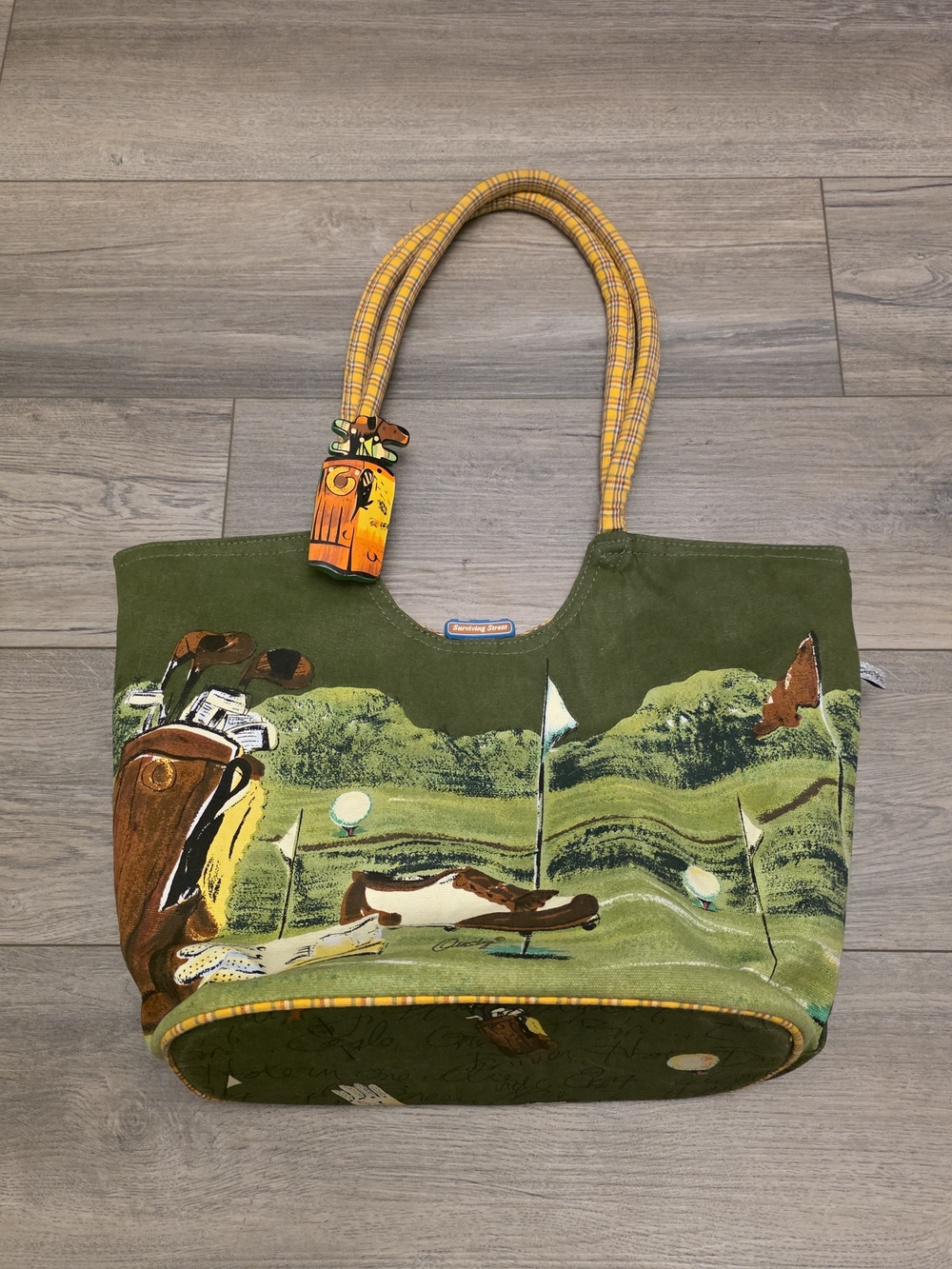 Green Golf-Print Tote with Yellow Plaid Handles